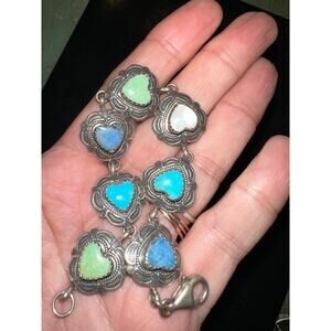 VINTAGE MULTI GEMSTONE STERLING SILVER HEART BRACELET